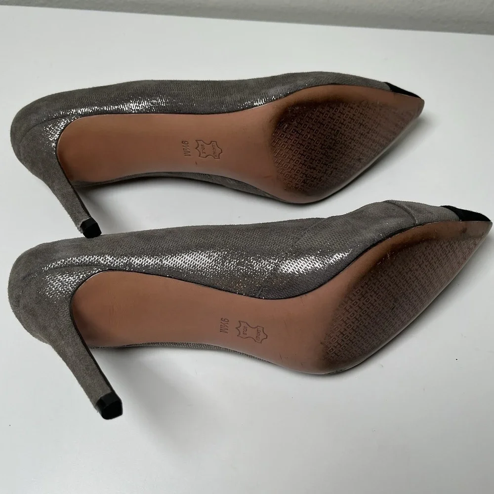 Tory Burch Women's  Silver Black Metallic Shaila Cap Toe Pumps Sz 9.5 Heels Work